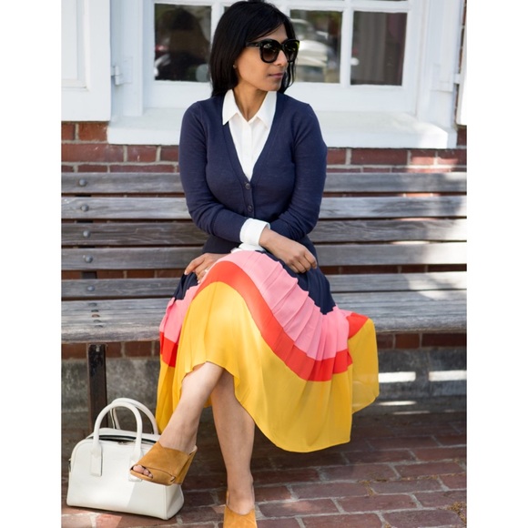 🌈 Ann Taylor, Striped Colorblock Pleated Midi Skirt - Picture 14 of 16